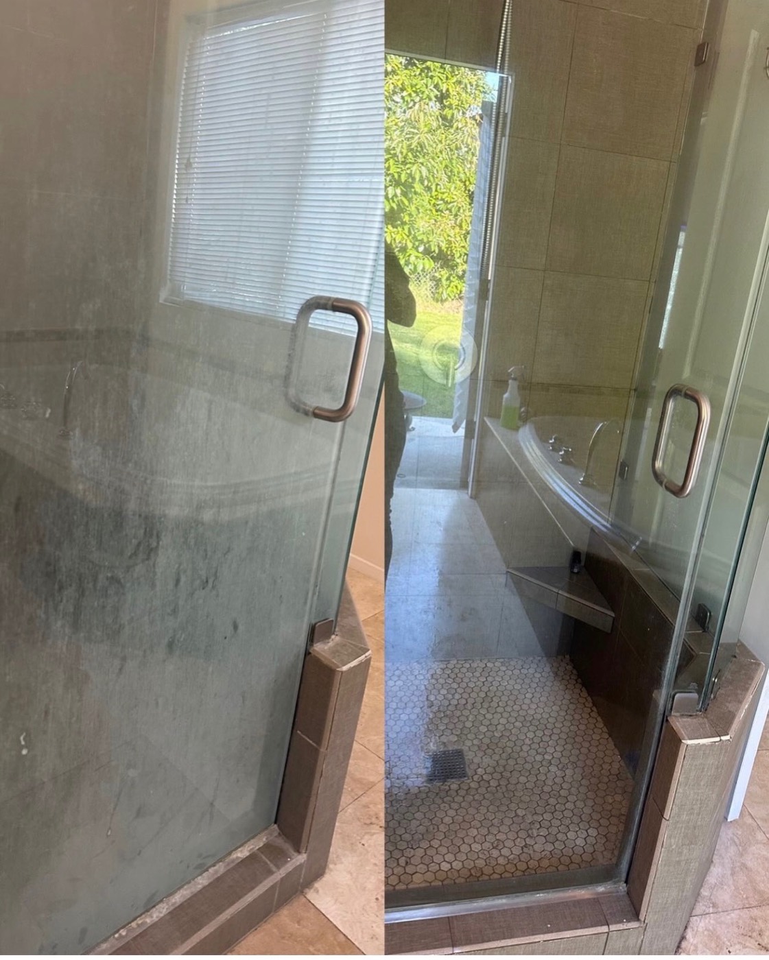 Shower glass before and after cleaning, shown side by side