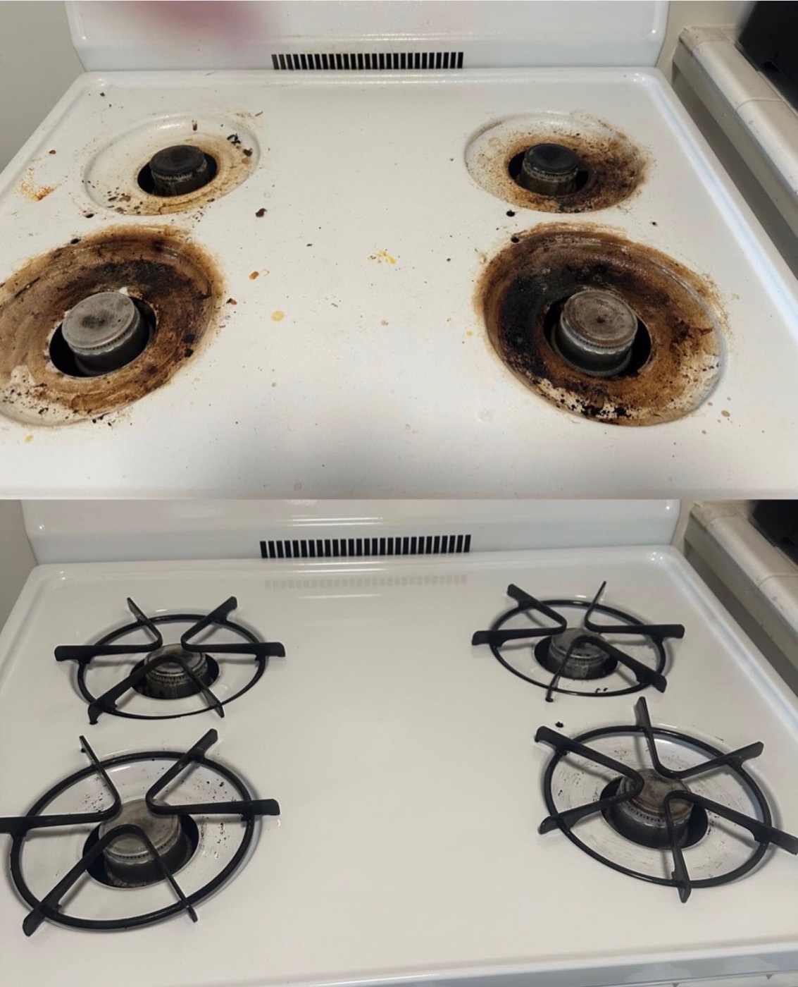 Stovetop before cleaning above and after cleaning below
