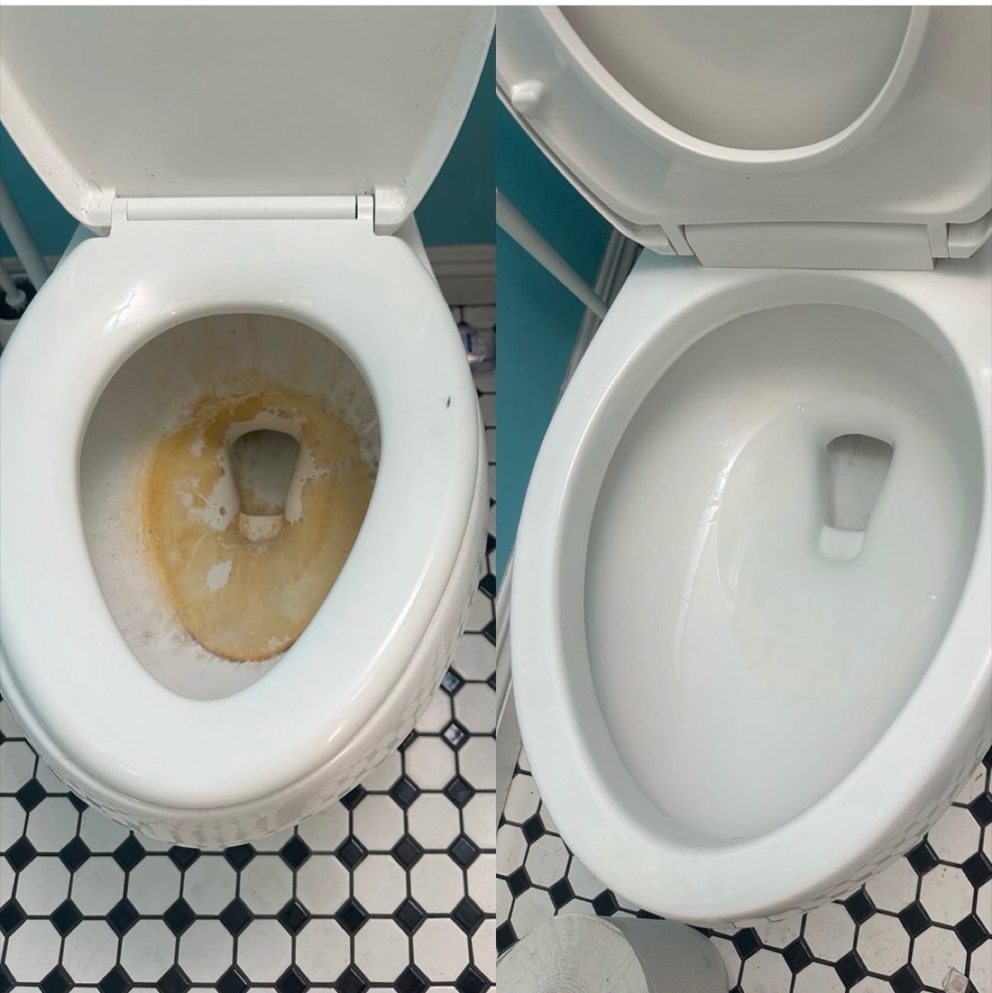Toilet before and after cleaning, shown side by side